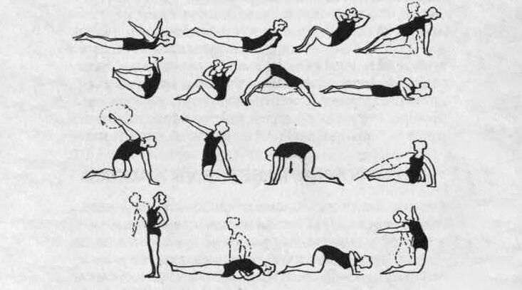 Complexo de terapia por exercícios que ajuda a aliviar a rigidez do tecido muscular na osteocondrose torácica